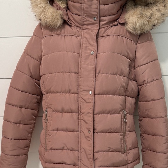 Women's Mauve Puffer Jacket with Faux Fur Trim - Picture 3 of 12